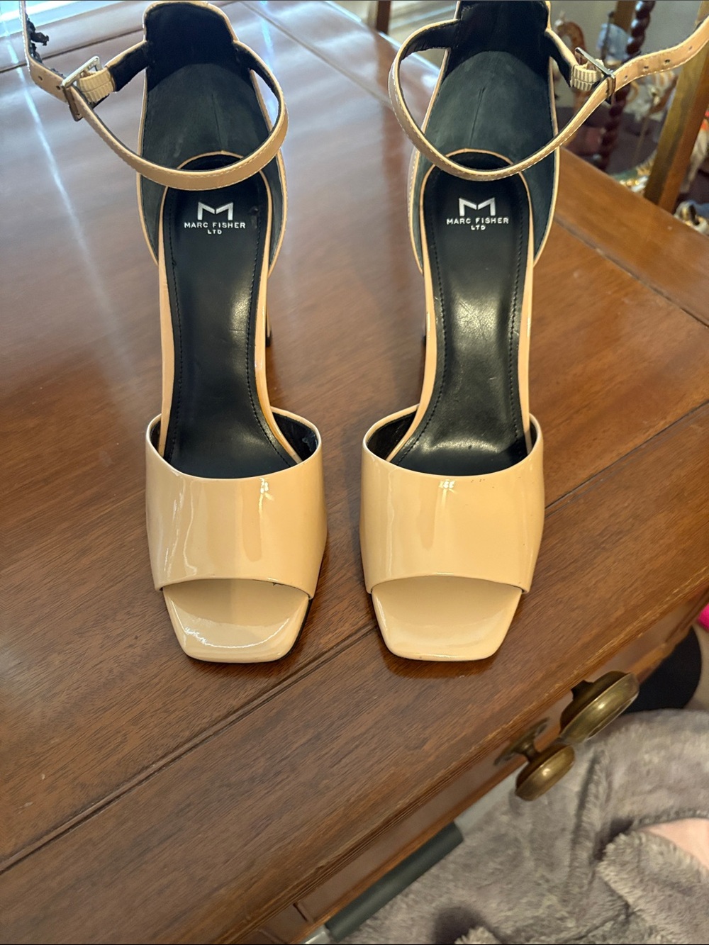 Marc Fisher Patent Nude Ankle-Strap Open-Toe Heels